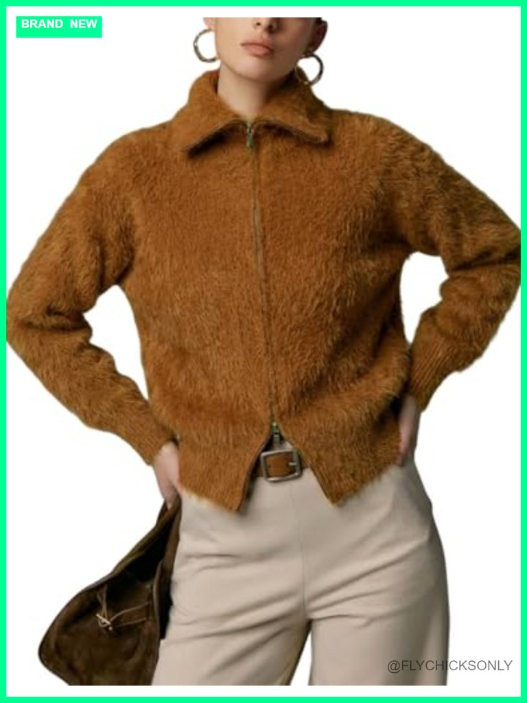 Zip Up Fuzzy Chunky Cardigan Double Zip Lapel Fluffy Knit